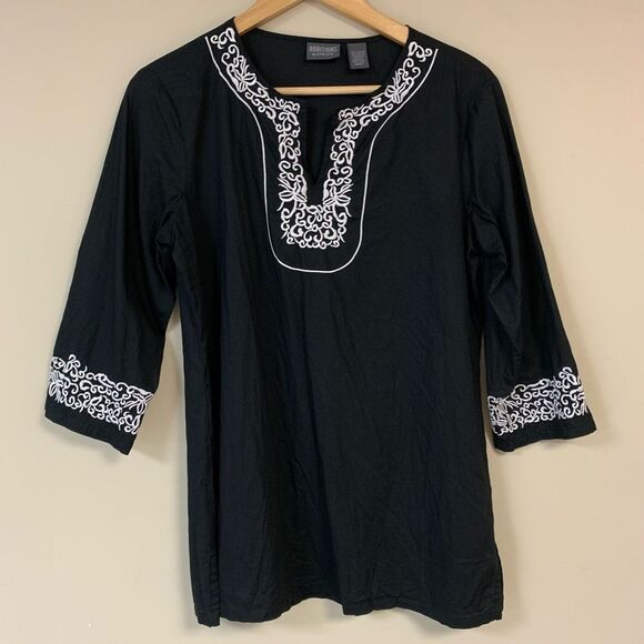 CHICO'S Tunic Shirt Womens Medium Black Blouse Top Embroidered Beach Lightweight - Picture 1 of 10